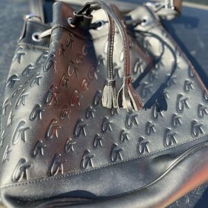 Black Textured Shoulder Bag with Drawstring Closure